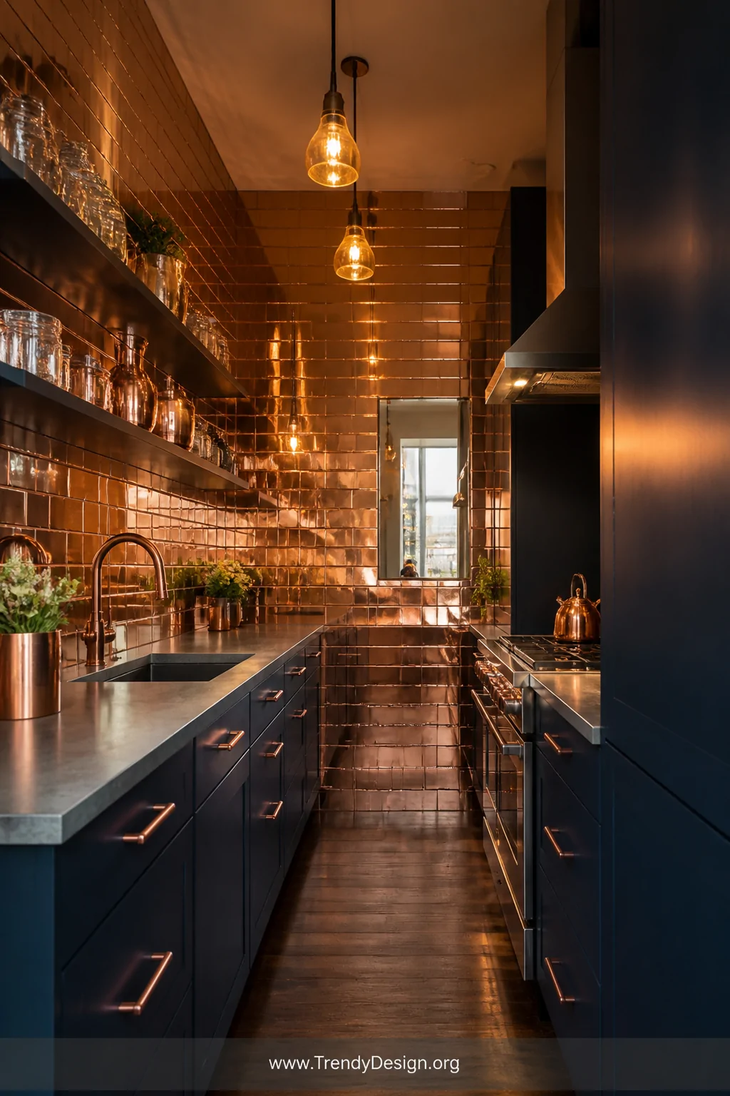 Medium shot of a narrow galley kitchen with brushed copper metallic tile backsplash reflecting and multiplying the warm penda