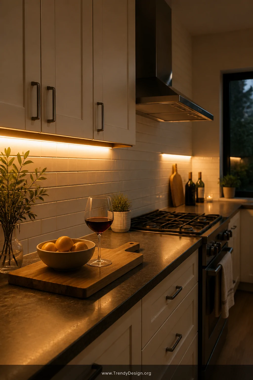 Atmospheric nighttime kitchen scene with warm LED strip lights glowing beneath white upper cabinets, illuminating a dark ston