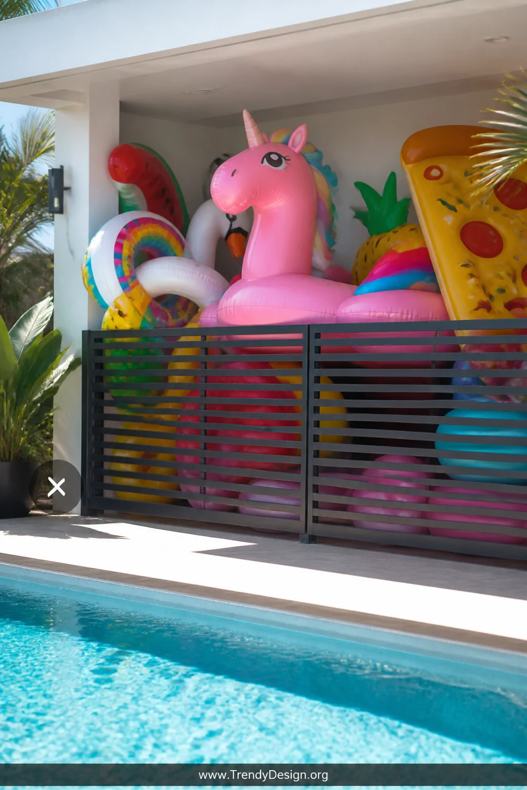 Medium shot of a large poolside storage area overflowing with oversized colorful inflatables including a giant pink unicorn f