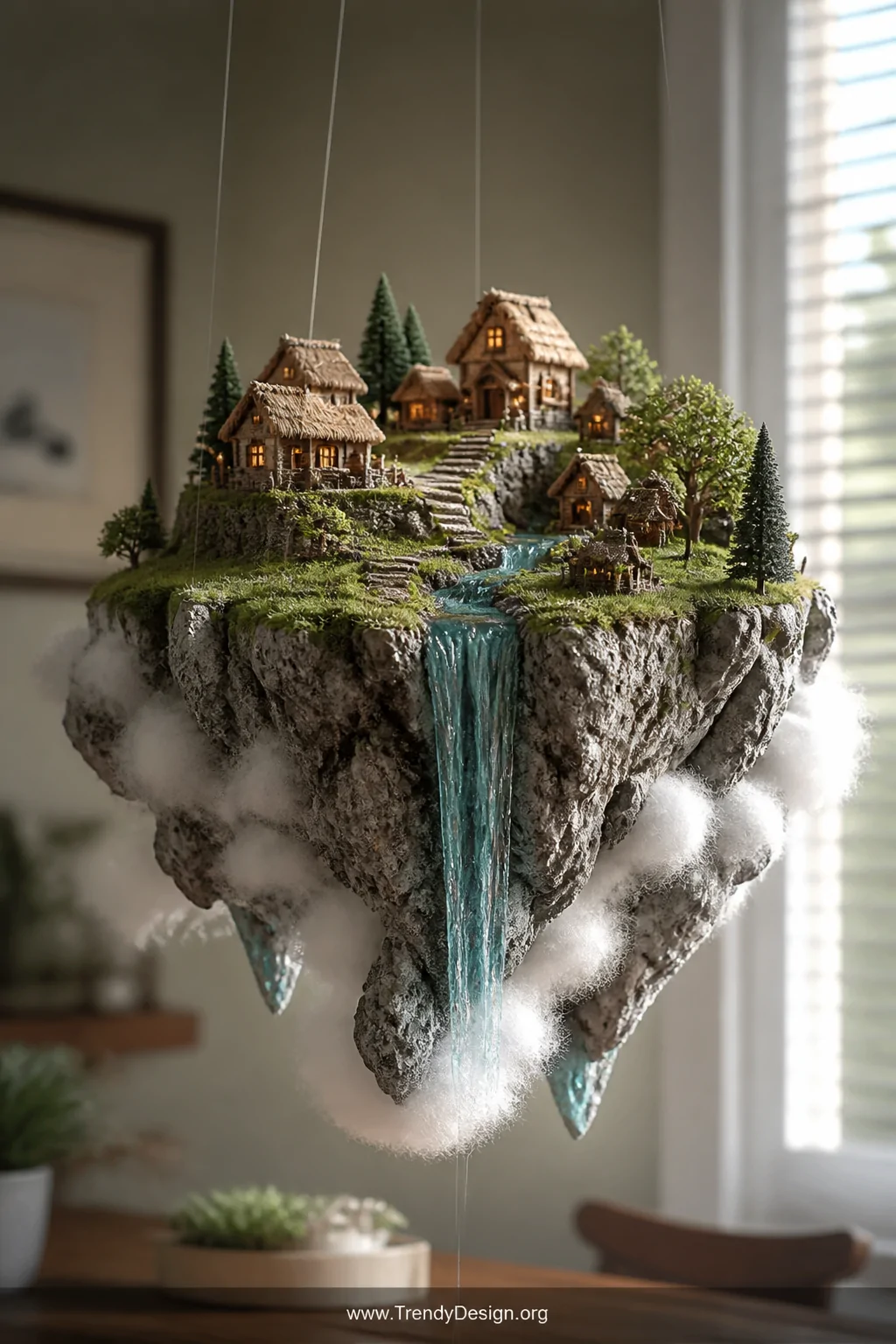 Medium shot of a foam-carved floating sky island suspended by nearly invisible fishing wire, its rocky underside textured wit