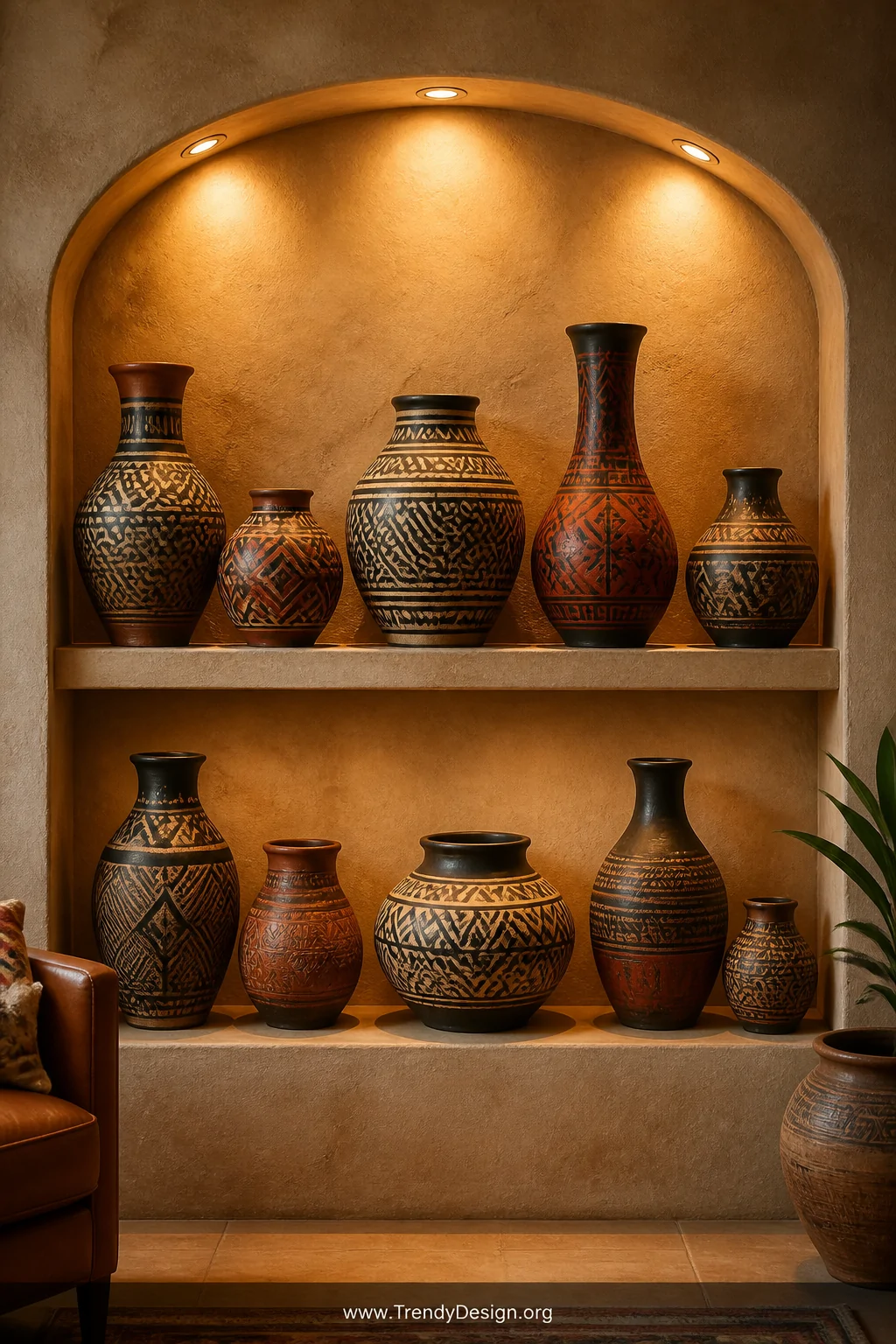 A wide shot of a styled home gallery wall niche displaying an artful collection of handmade ceramic vessels of varying height