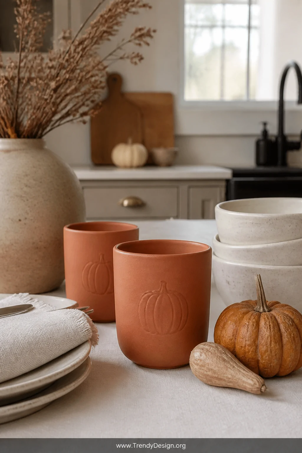 A medium shot of a styled kitchen vignette featuring one or two muted terracotta ceramic tumblers with subtle embossed pumpki