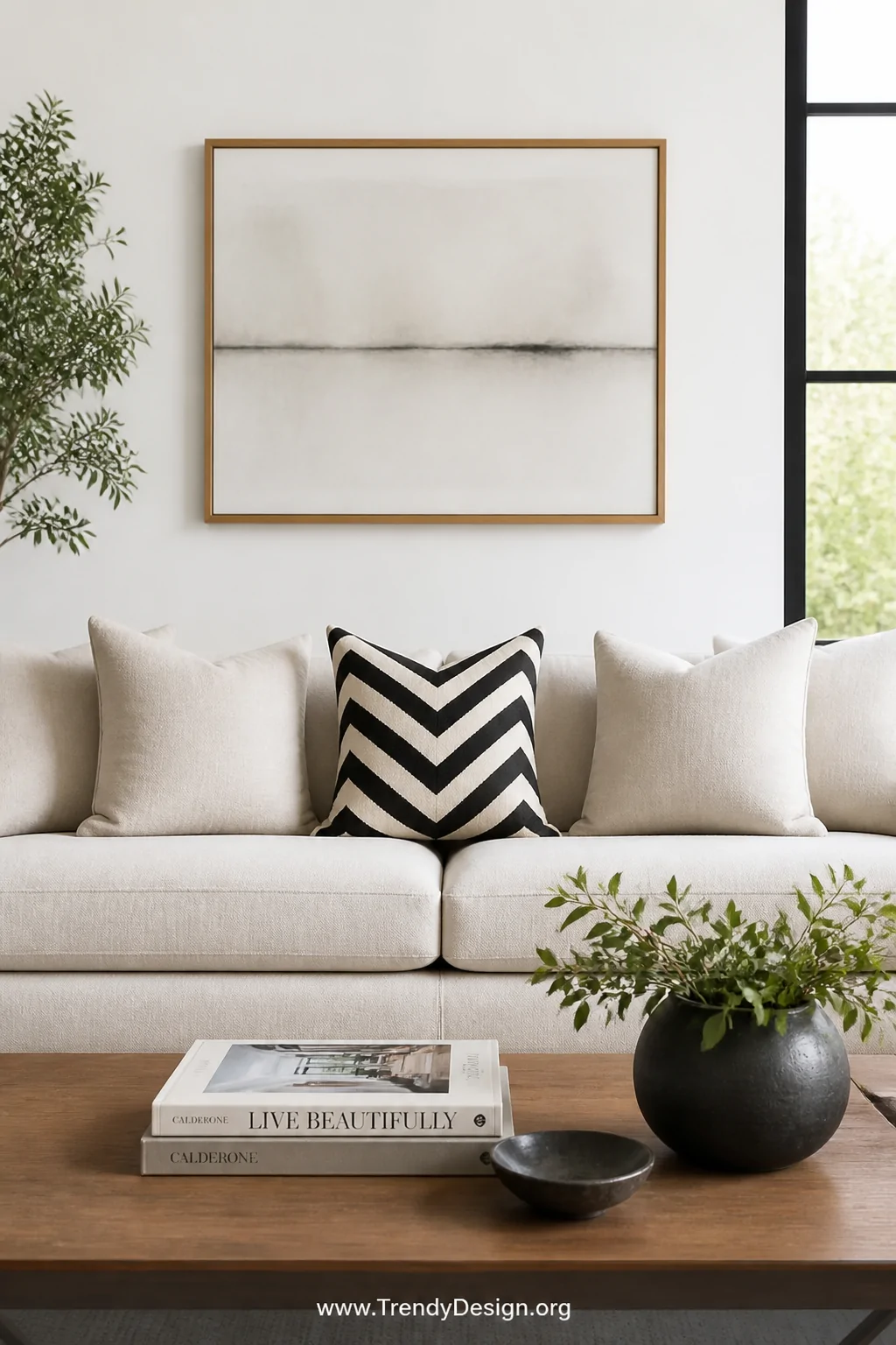 Wide shot of a modern living room sofa styled with three pillows in an odd-number arrangement   a bold black and cream chevro
