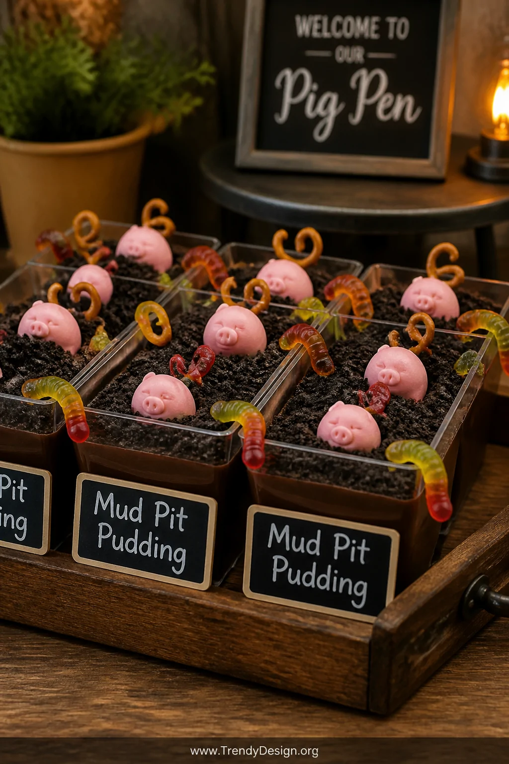 A medium shot of a wooden tray holding a row of clear plastic cups layered with dark chocolate pudding, a thick crumbled blac