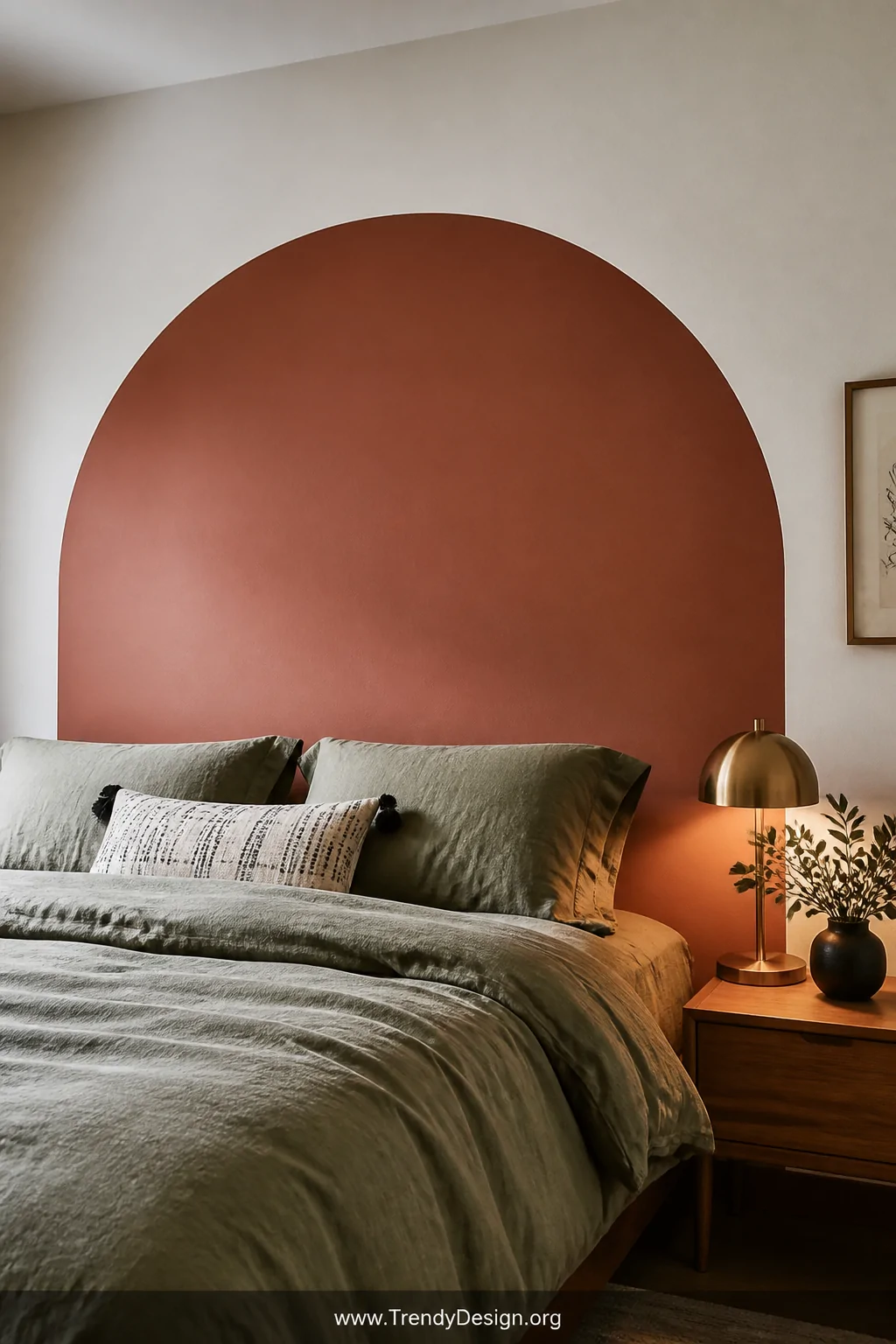 Medium shot of a bedroom wall featuring a bold painted arch headboard shape in deep terracotta directly on a white wall, clea