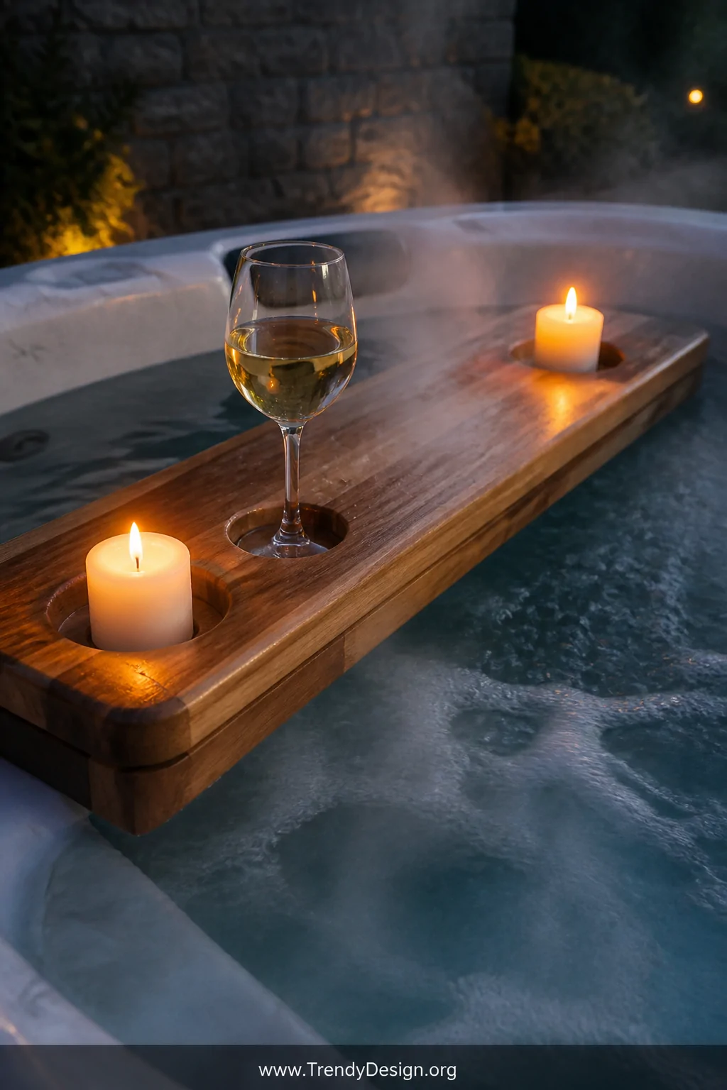 A close-up photorealistic detail shot of a thick teak bridge table spanning across the width of a hot tub, its rounded corner