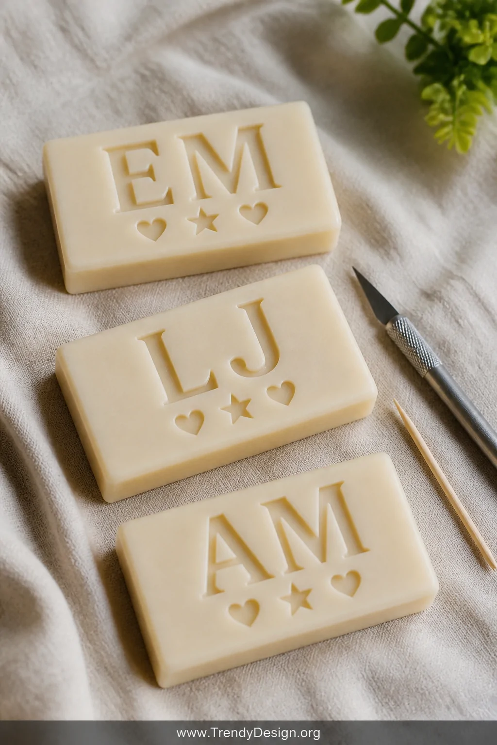 A closeup detail shot of three rectangular soap bars arranged diagonally on a linen-textured ivory cloth, each precisely carv