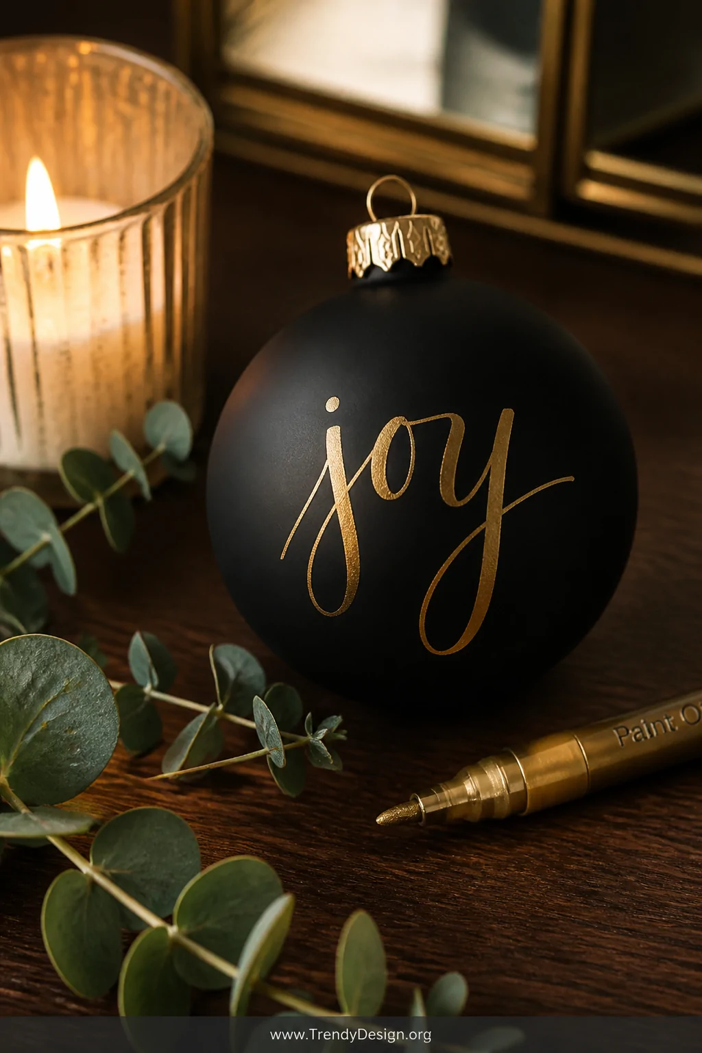 A close-up detail shot of a matte black ornament ball inscribed with elegant metallic gold hand-lettered script reading 
