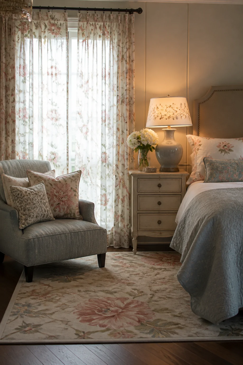 Medium interior shot of a bedroom corner featuring sheer floral curtains filtering soft diffused daylight, a large-scale flor