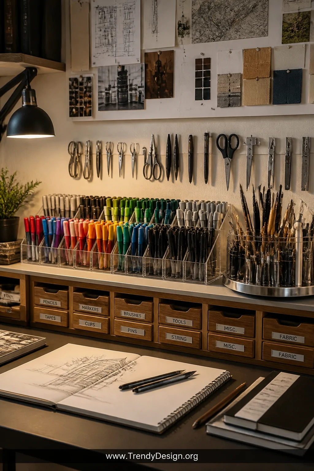 Detail shot of a highly organized drawing table desktop surface featuring clear acrylic organizers sorted with pens and marke