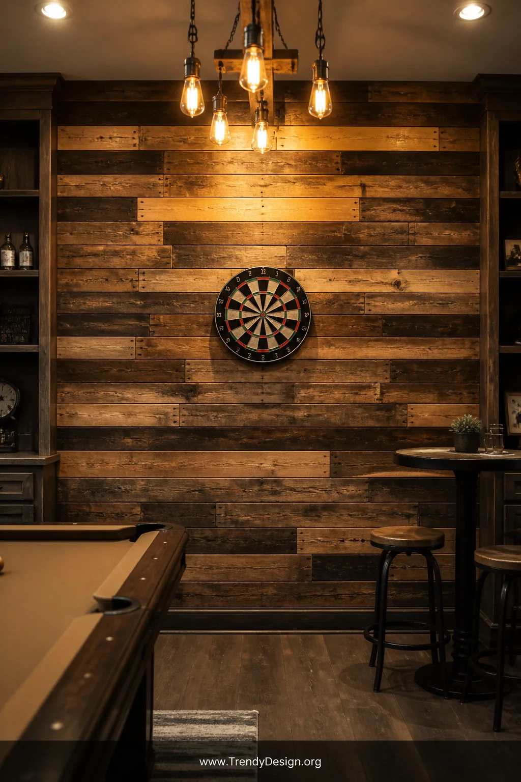 A wide room shot of a rustic game room with a full reclaimed wood plank backdrop behind a centered dartboard, horizontal barn
