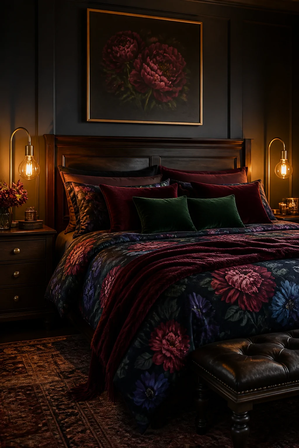 A medium shot of a richly styled bedroom with dark wood furniture, a bed layered in deep burgundy rose and midnight blue peon