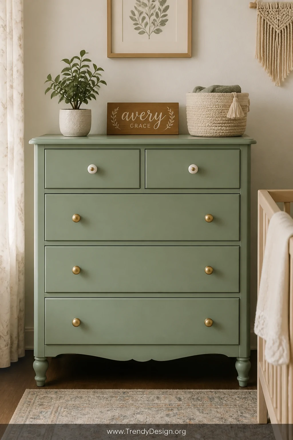 Medium photorealistic shot of a freshly upcycled vintage wooden dresser painted in dusty sage with a smooth matte finish, sty