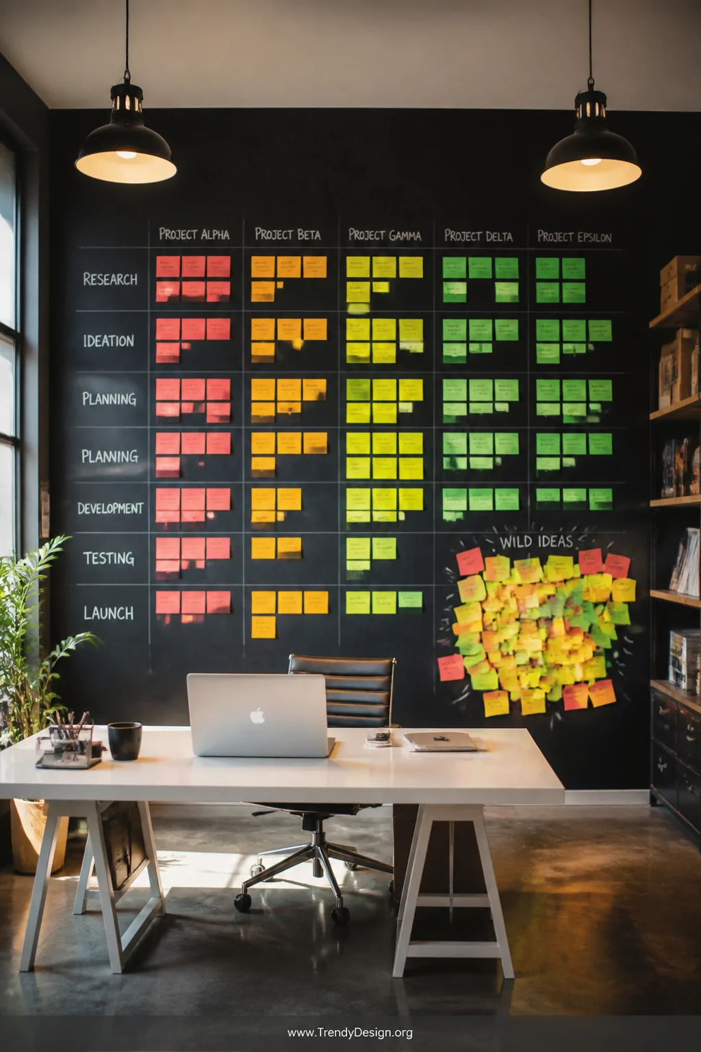 Wide-angle photorealistic shot of a creative studio or home office with an entire accent wall covered in a structured brainst