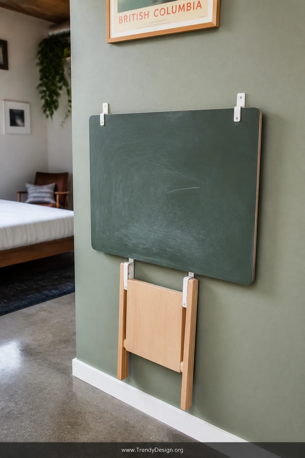 Detail shot of a wall-mounted drop leaf table folded flat against a muted sage green wall, the table surface painted in match