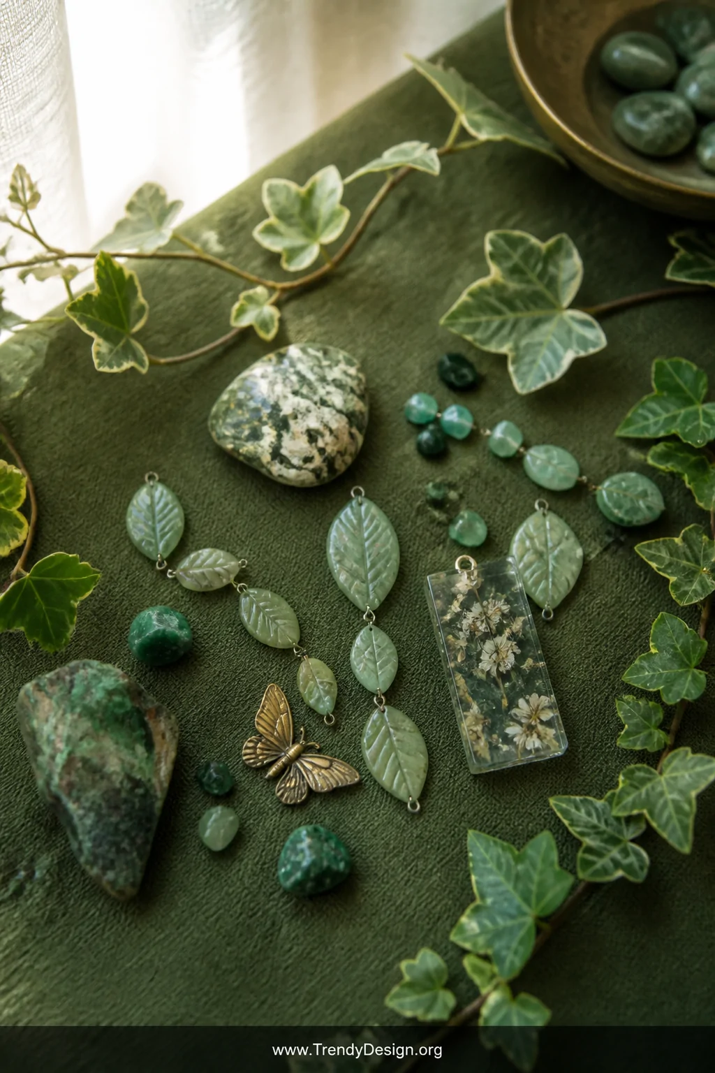 Medium shot of a lush botanical styling flat lay on a dark moss-green linen surface featuring leaf-shaped beads, aventurine a