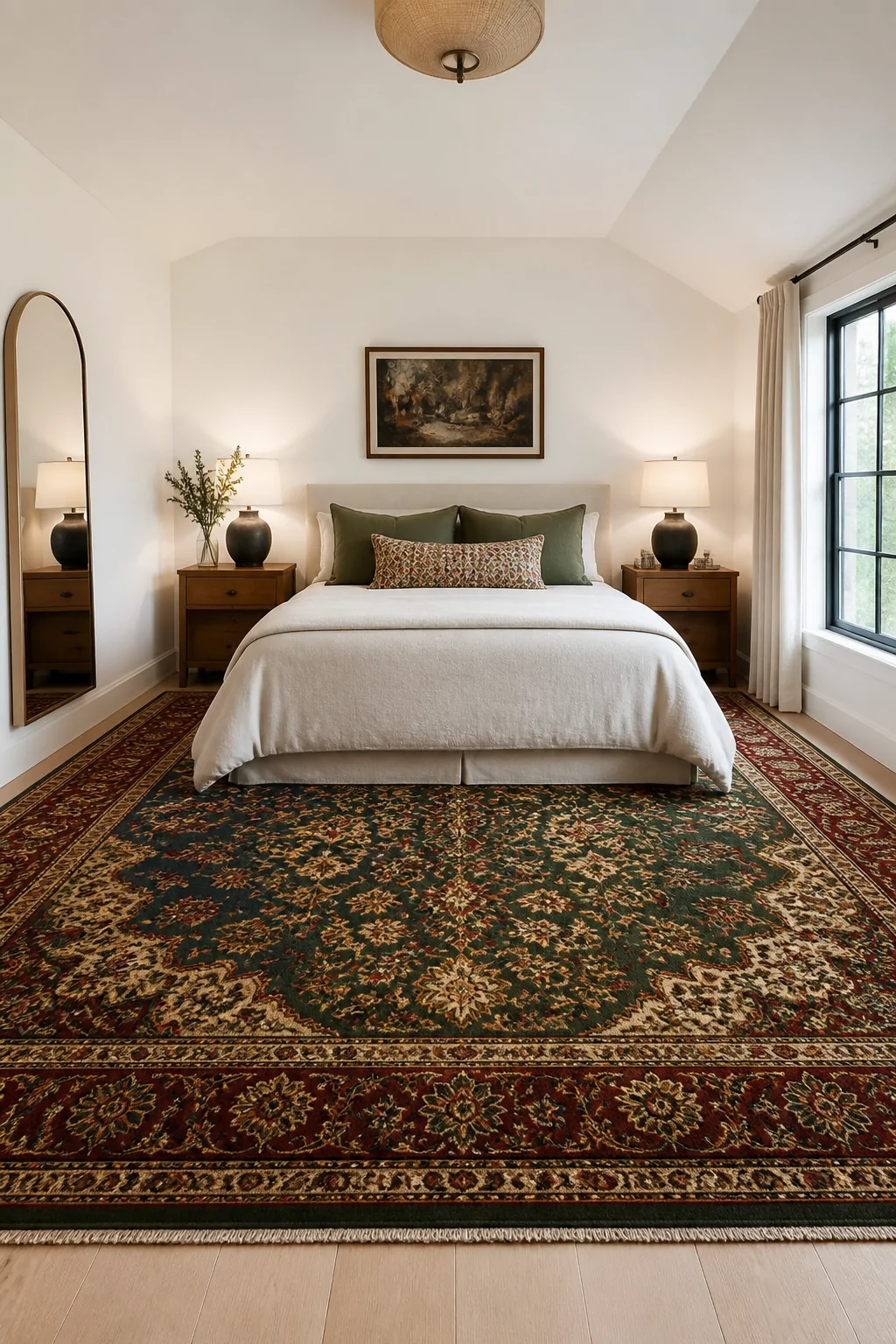 Wide-angle photorealistic bedroom shot looking toward the bed, anchored by a large vintage-style Persian floral area rug in d