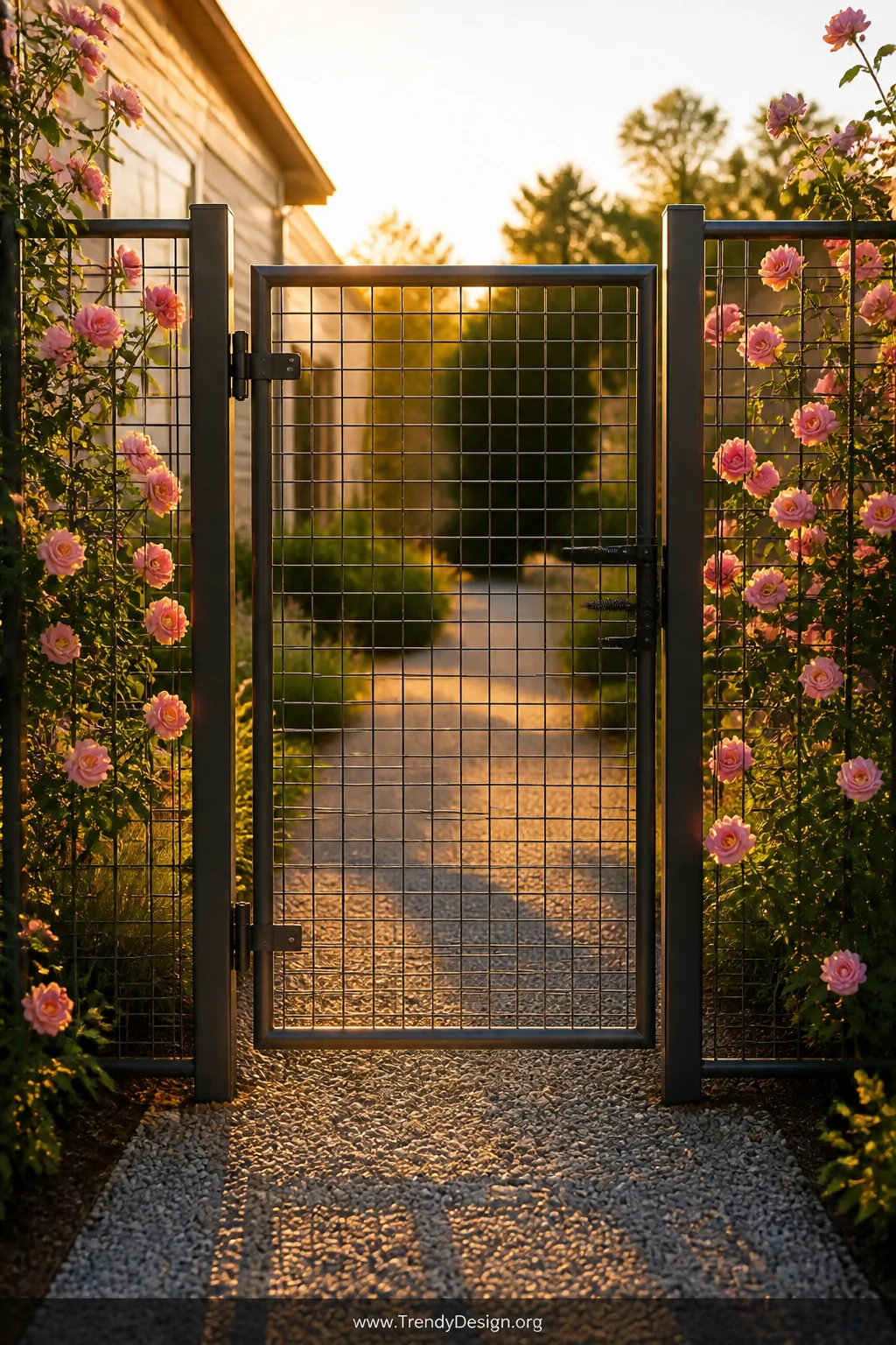 A medium shot of a garden gate built from a dark welded steel pipe frame with a flush-mounted hog wire panel face, flanked sy