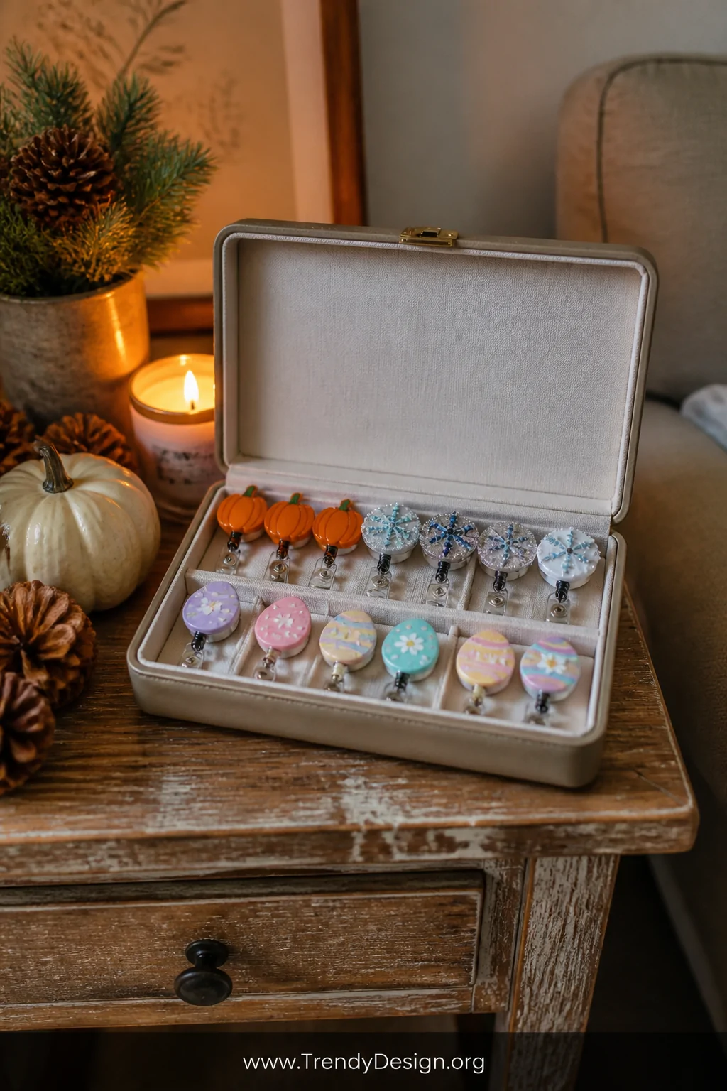 A medium shot of a small open jewelry box on a rustic farmhouse side table styled with seasonal decor transitions, showing a 