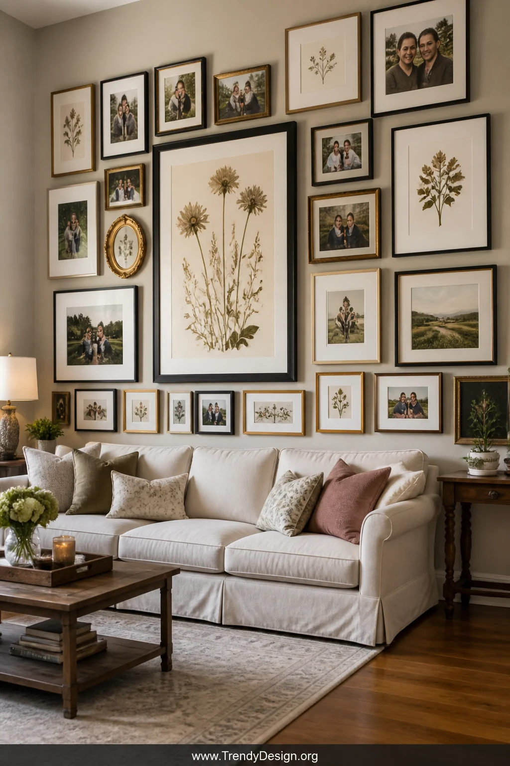 Wide-angle photorealistic shot of a cozy living room featuring a floor-to-ceiling gallery wall filled with mismatched frames 