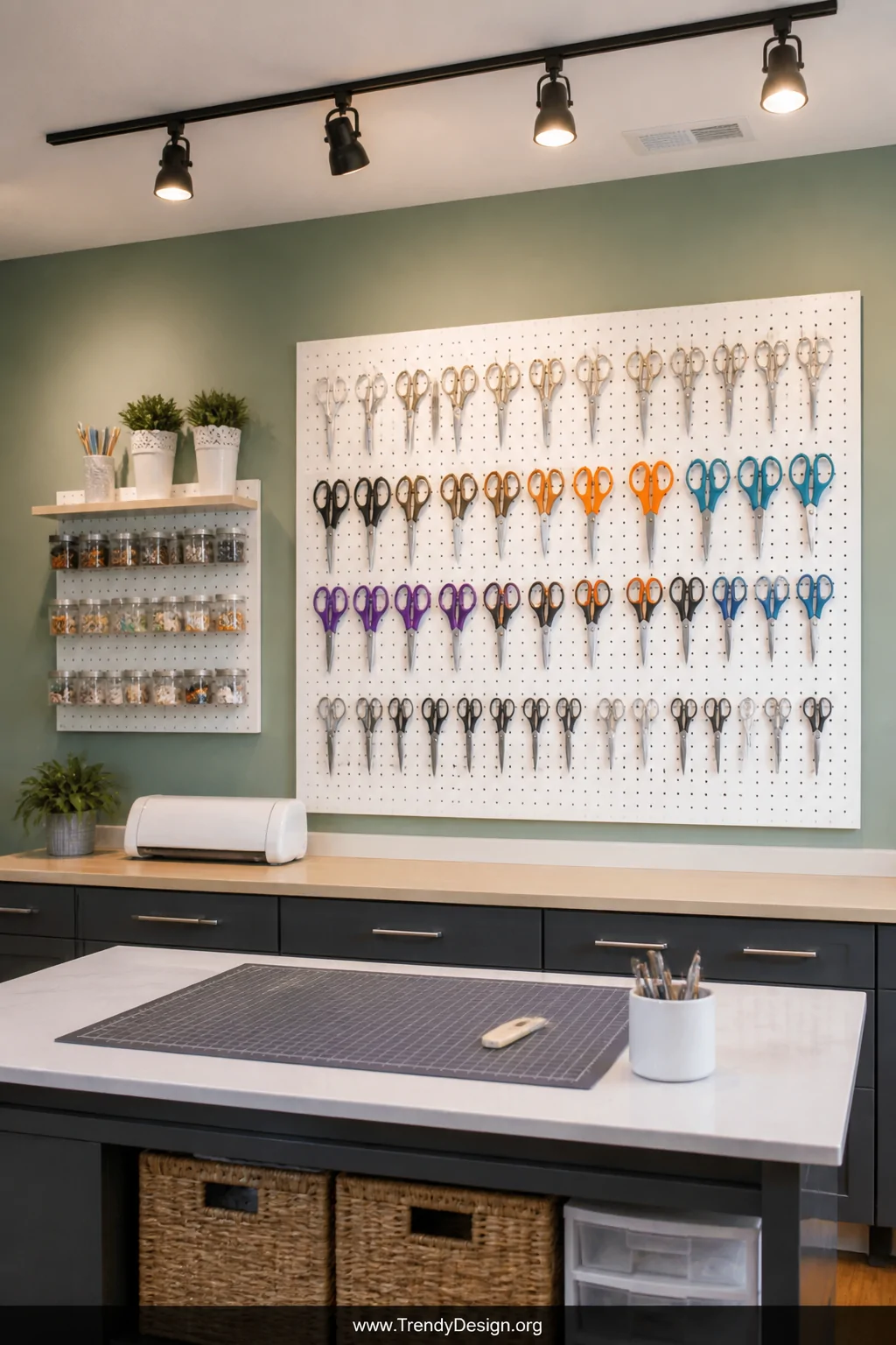 Wide room shot of a home craft room featuring a large white pegboard mounted on the wall painted in a soft sage green, with m