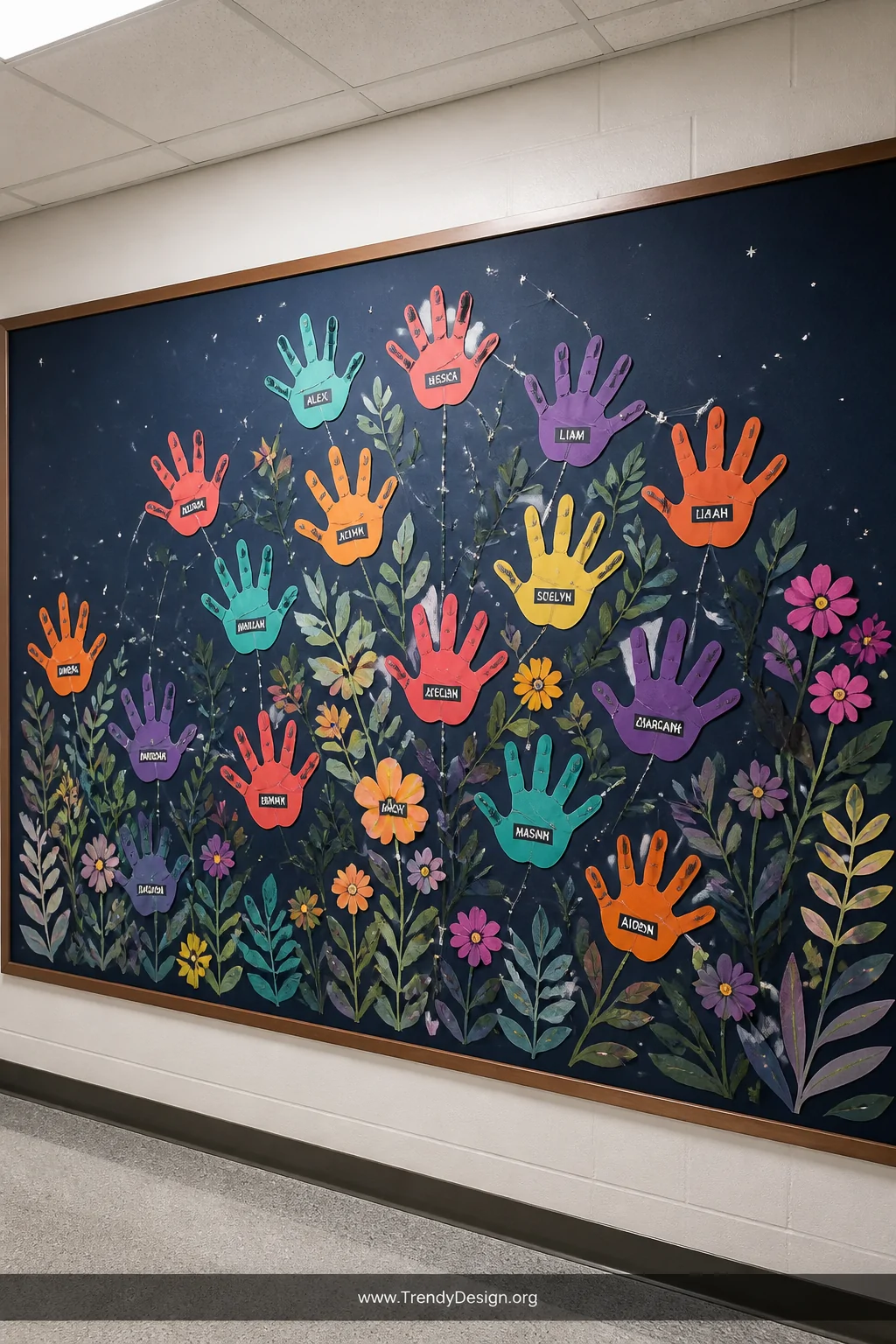 A wide shot of a colorful community bulletin board covered in overlapping handprints in rich jewel tones   deep teal, coral, 