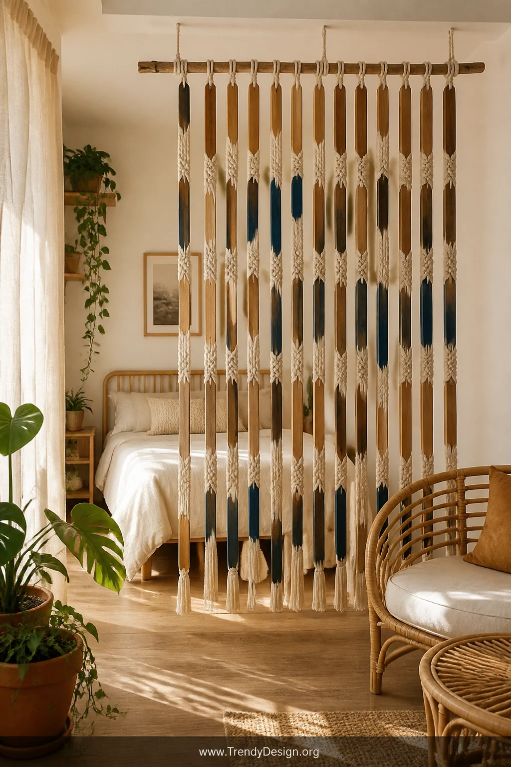 A wide room shot of a boho studio apartment space featuring a hanging room divider made from natural wood slats woven through