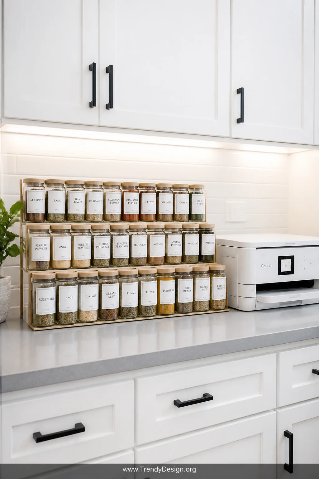 A wide shot of a bright, minimal kitchen counter featuring an immaculately organized spice collection in uniform glass jars w