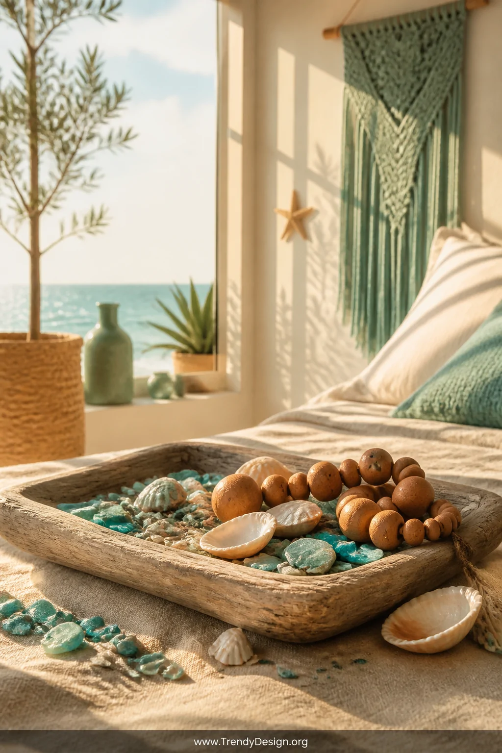 Wide shot of a sun-drenched coastal bedroom vignette featuring a weathered driftwood tray holding scattered turquoise chips, 