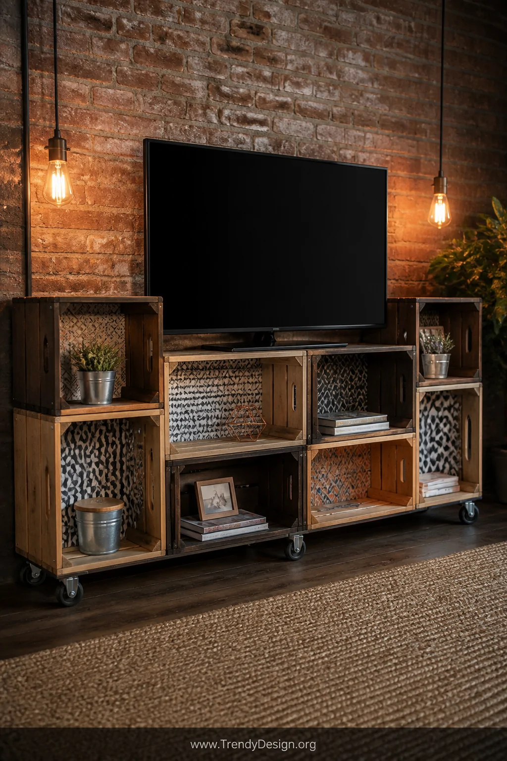 A medium shot of staggered raw and dark-walnut-stained wooden crates screwed together into an eclectic TV stand unit against 