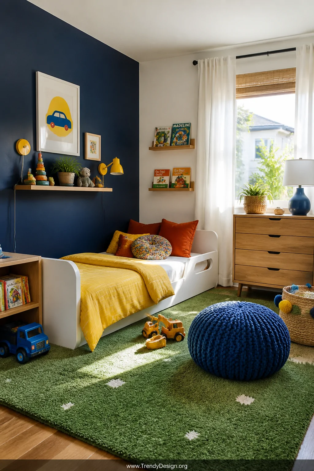 Wide-angle photorealistic shot of a toddler boy bedroom featuring a deep navy accent wall paired with sunshine yellow bedding