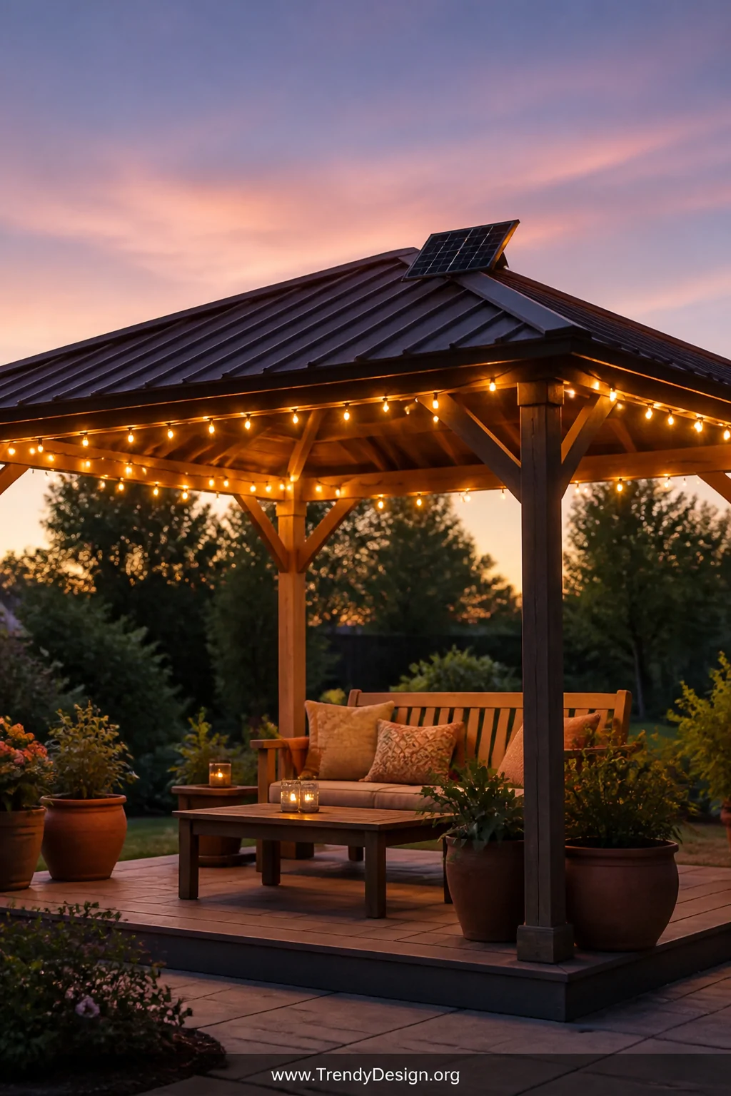 A medium wide shot of a gazebo exterior at dusk with solar-powered warm white string lights glowing along the roofline and in