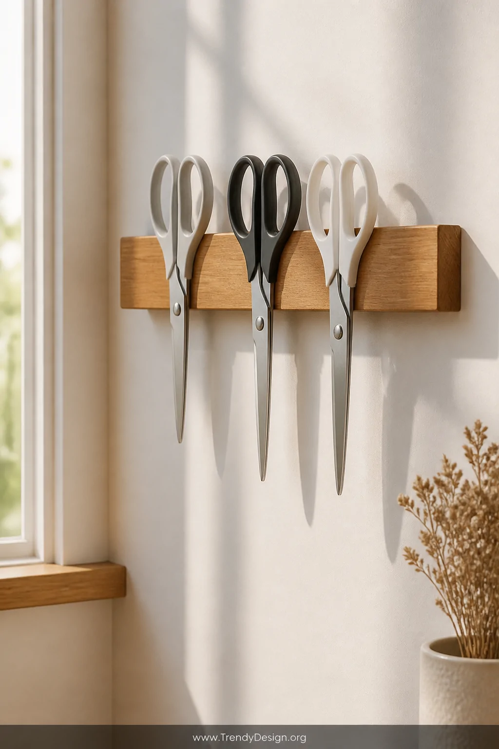 Close-up detail shot of a warm honey-toned wooden magnetic strip mounted on a white craft room wall at eye level, holding thr