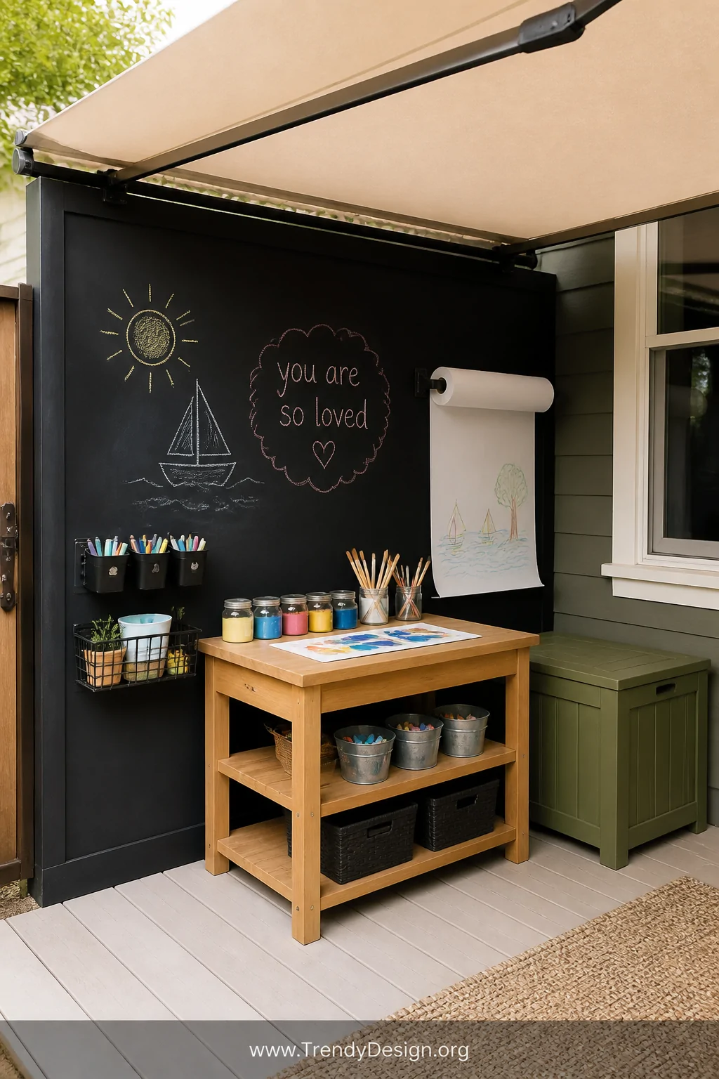 Medium photorealistic shot of an outdoor art station mounted on a sealed wooden fence panel painted with matte exterior chalk