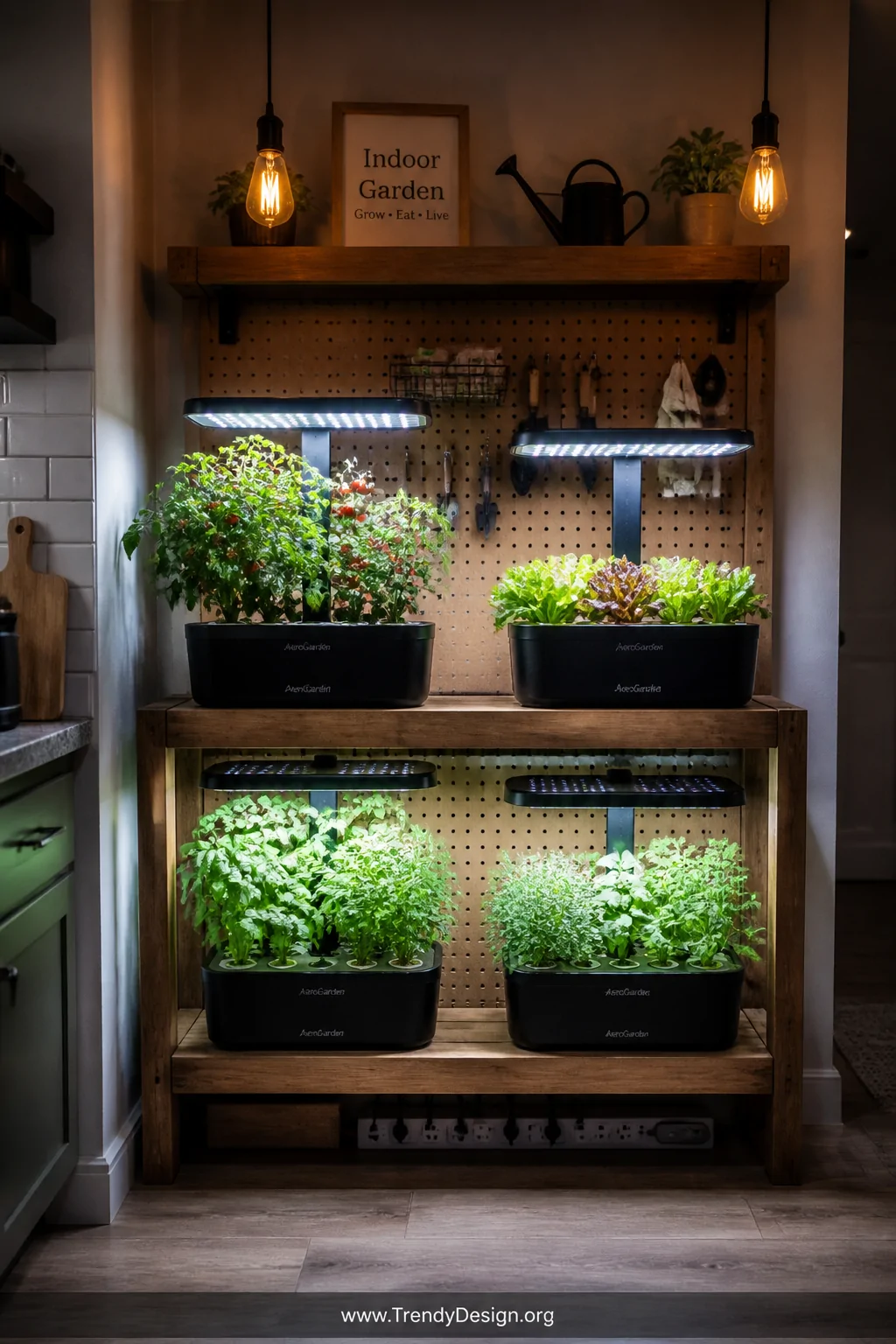Wide shot of a dedicated indoor farming corner in a kitchen or basement space with four Aerogarden units arranged on a sturdy