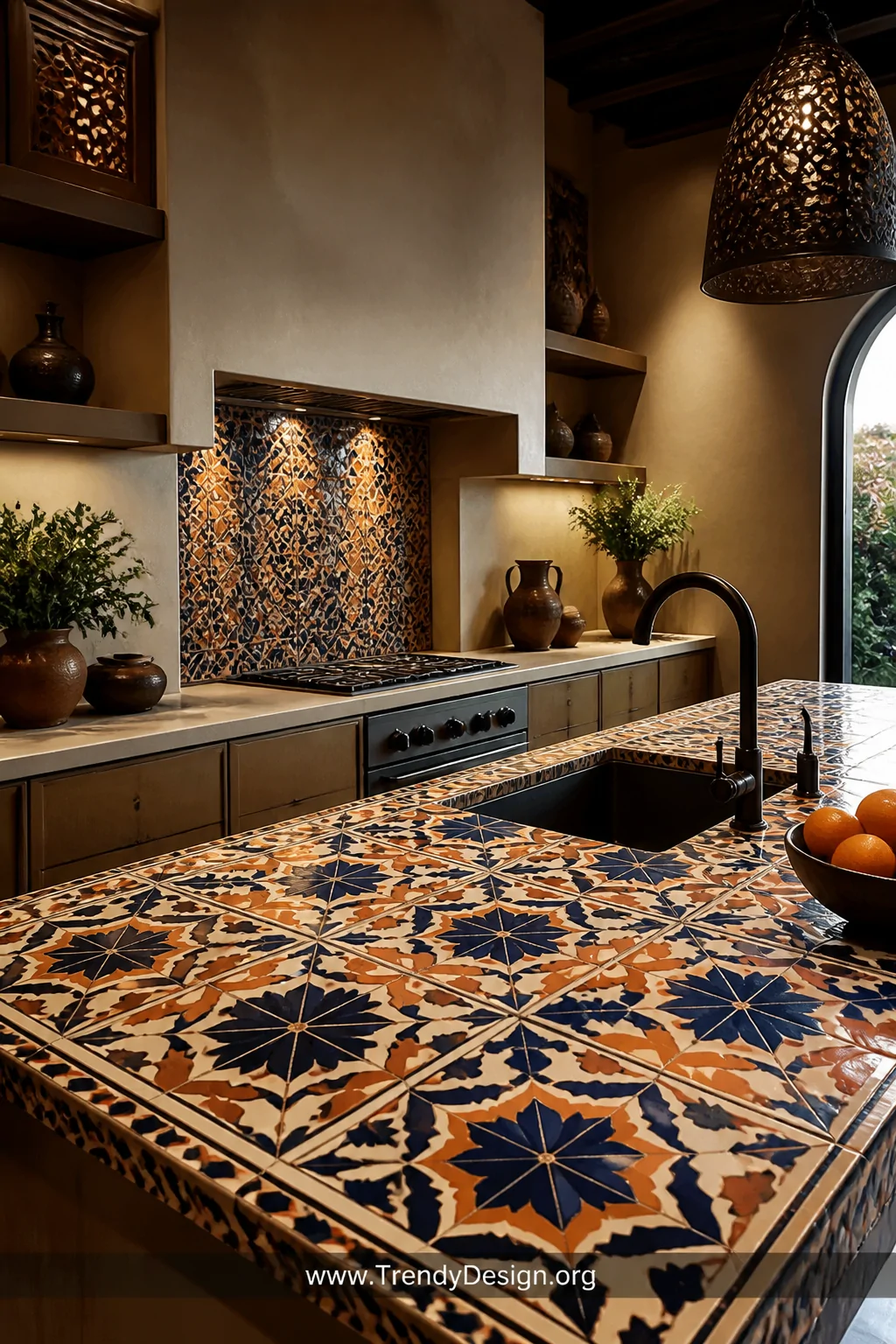A wide shot of a kitchen with a bold Moroccan patterned tile countertop featuring deep navy, terracotta, and ivory geometric 