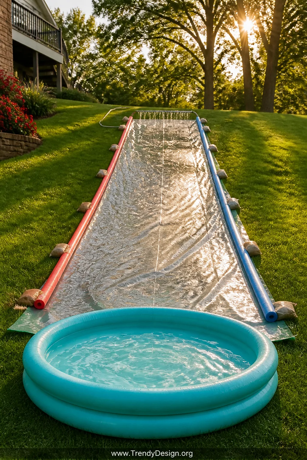 Wide shot of a sun-drenched backyard slope featuring a glistening 50-foot heavy-duty clear plastic tarp staked flat on bright