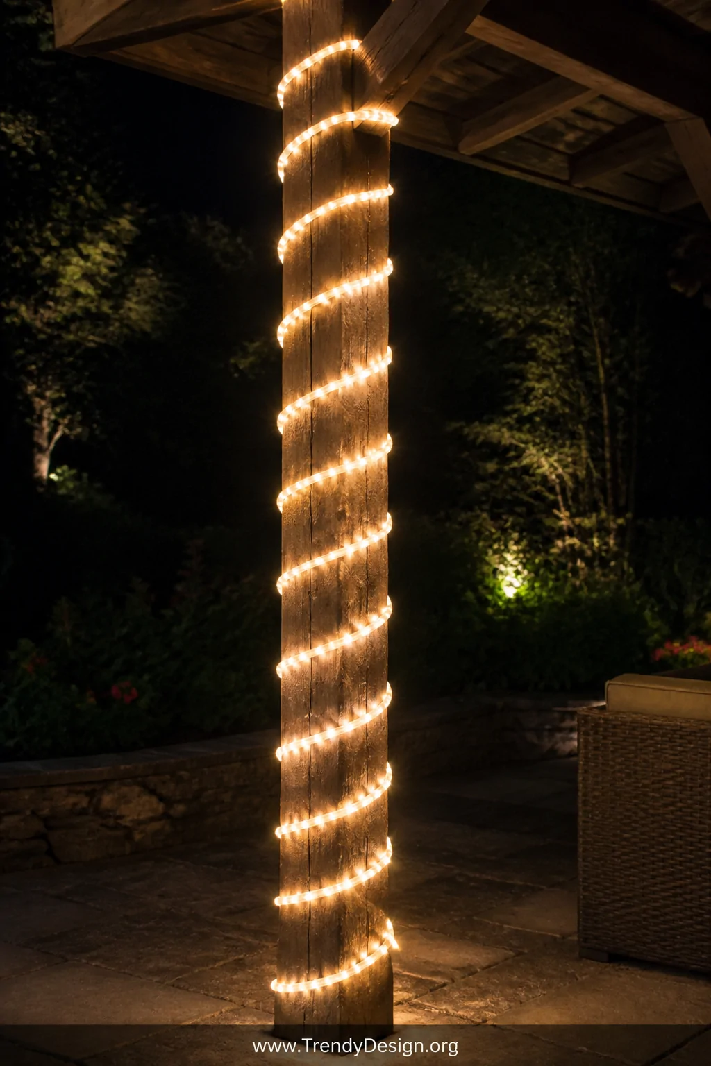 A medium shot of a weathered cedar gazebo post wrapped tightly in a spiral of warm white rope lights from base to top, glowin