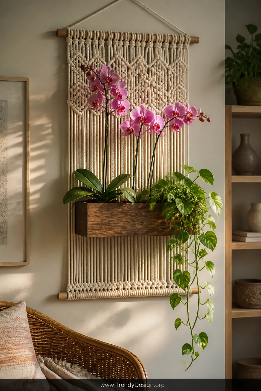 A medium interior shot of a wall-mounted orchid planter backed by a hanging macramé trellis panel made of thick natural cotto