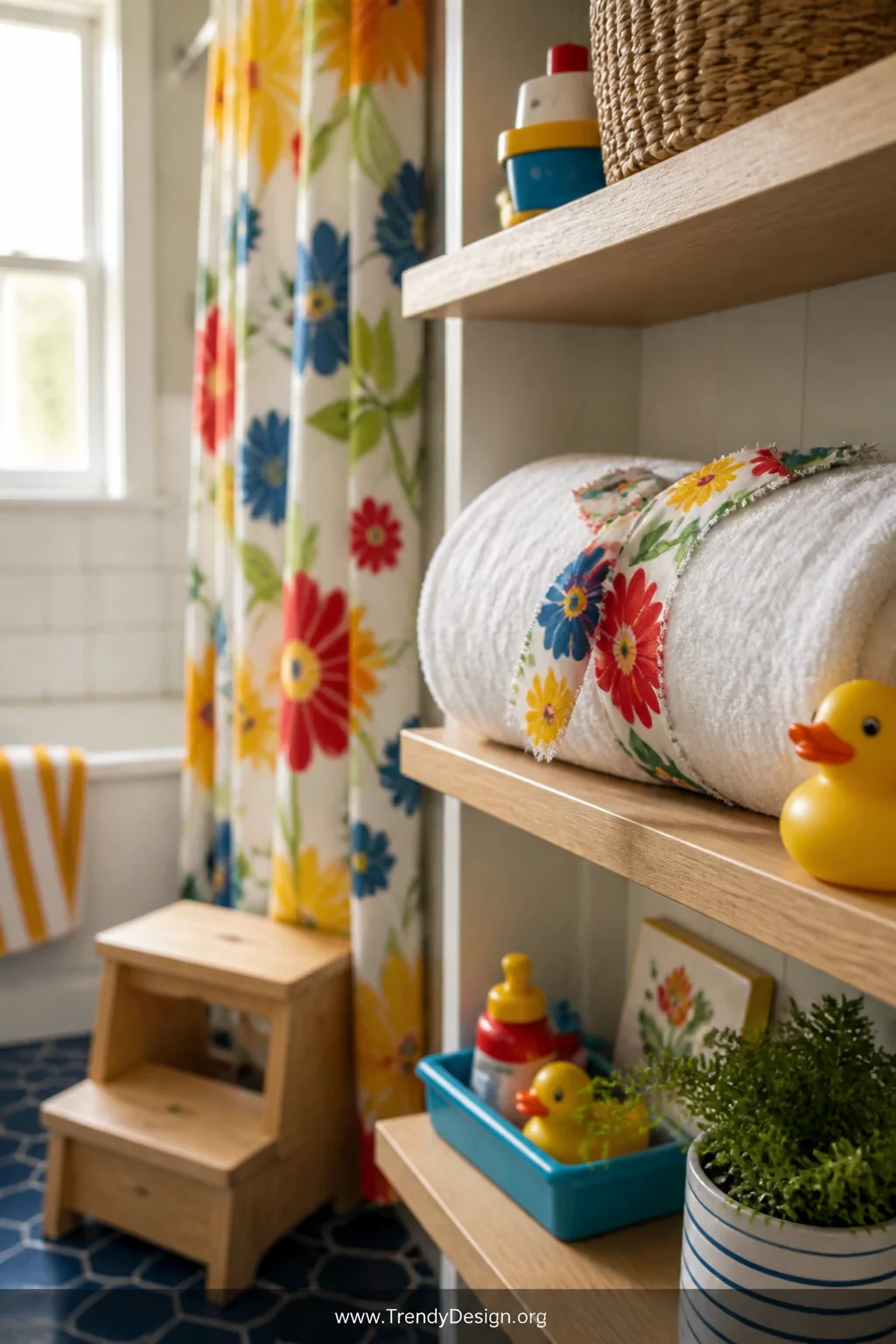 A medium shot of a children's bathroom shelf displaying a rolled towel tied with a cheerful primary-colored floral printed fa