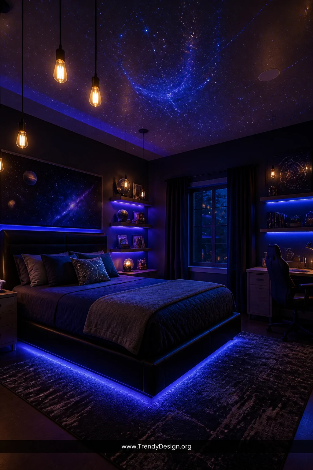 Wide atmospheric night-mode interior shot of a boys bedroom transformed by layered lighting, warm Edison bulb pendants glowin