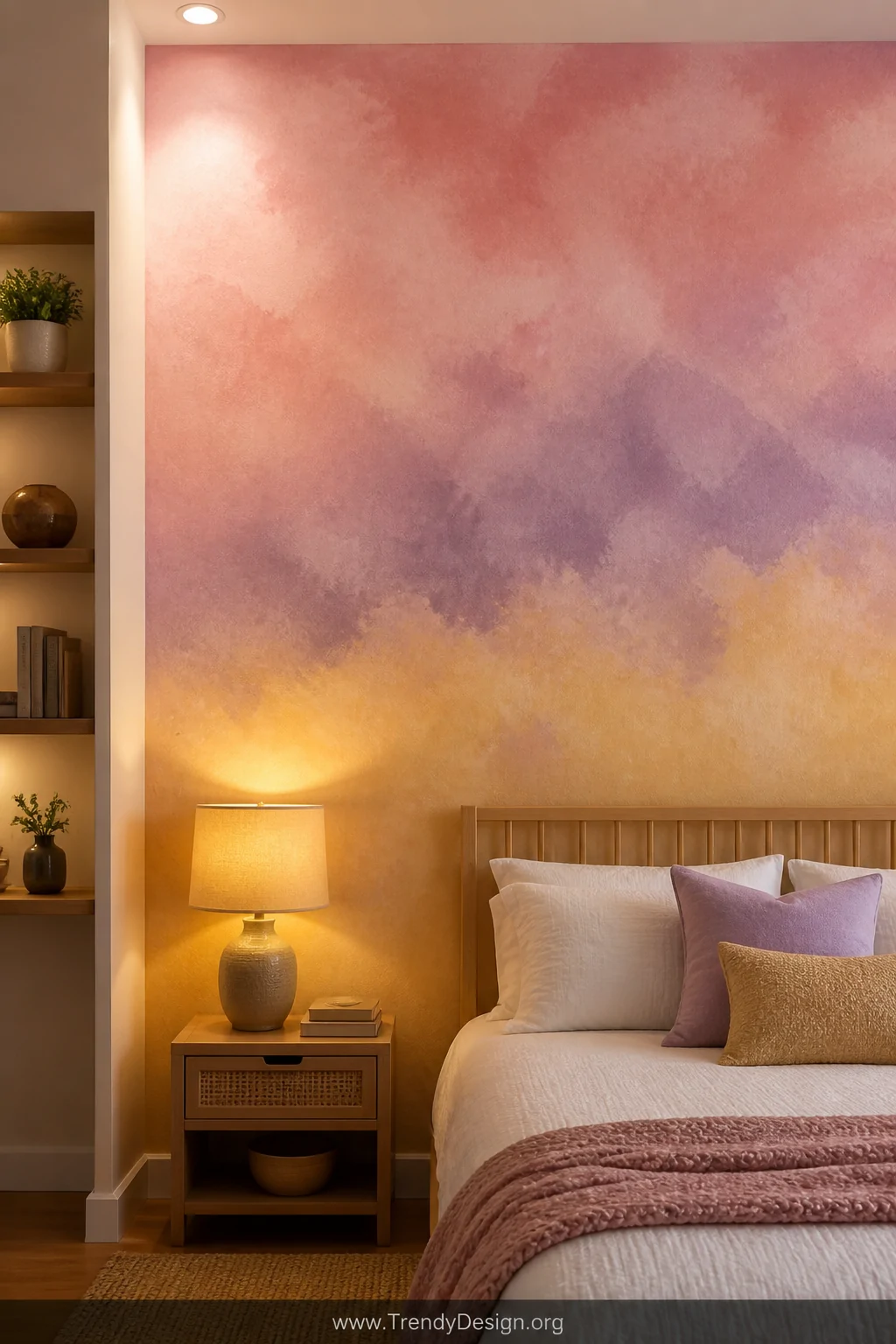 Medium shot of a bedroom accent wall painted with a soft watercolor tie dye gradient blending dusty pink into lavender into w