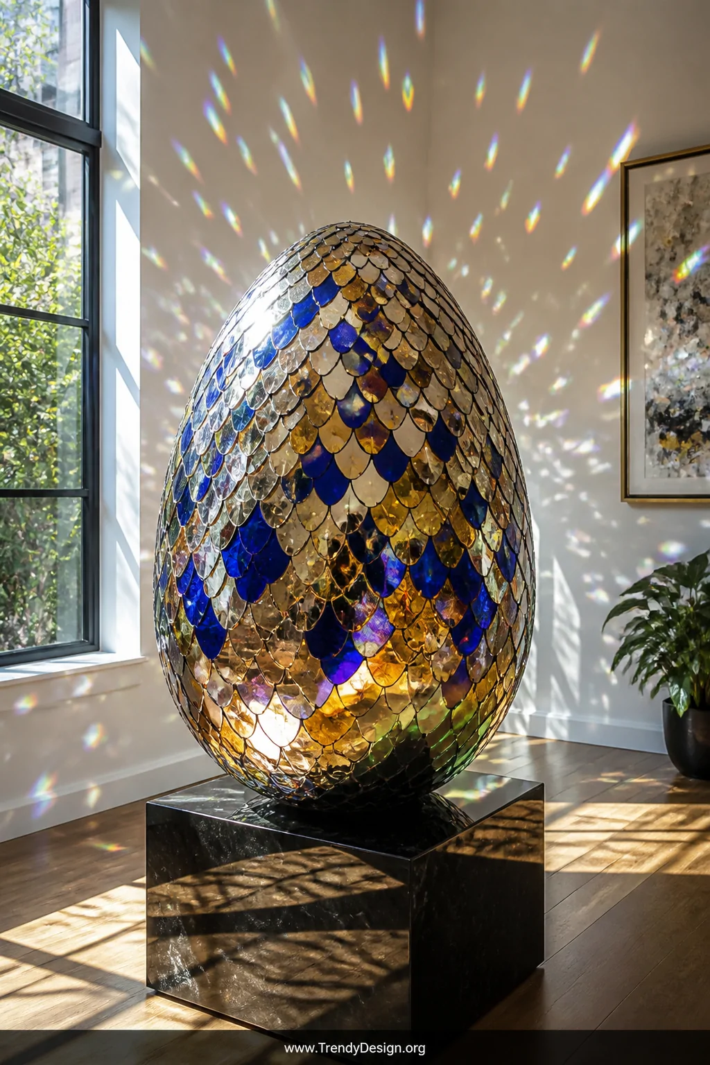 A wide interior room shot of a large mosaic dragon egg encrusted with overlapping mirror tiles and colored glass pieces in co