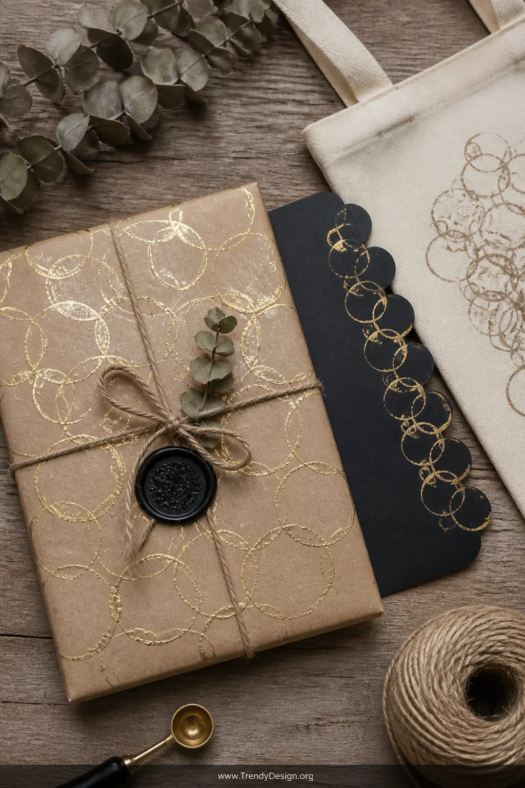 A detail shot of a flat lay arrangement on a weathered oak surface featuring hand-stamped kraft wrapping paper covered in ove