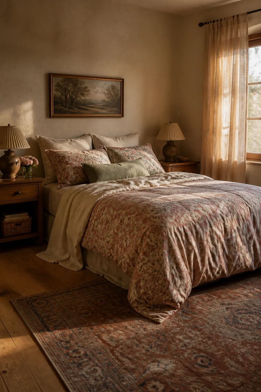 Wide shot of a warmly lit bedroom at golden hour featuring a queen bed dressed in a muted dusty rose and sage green vintage f