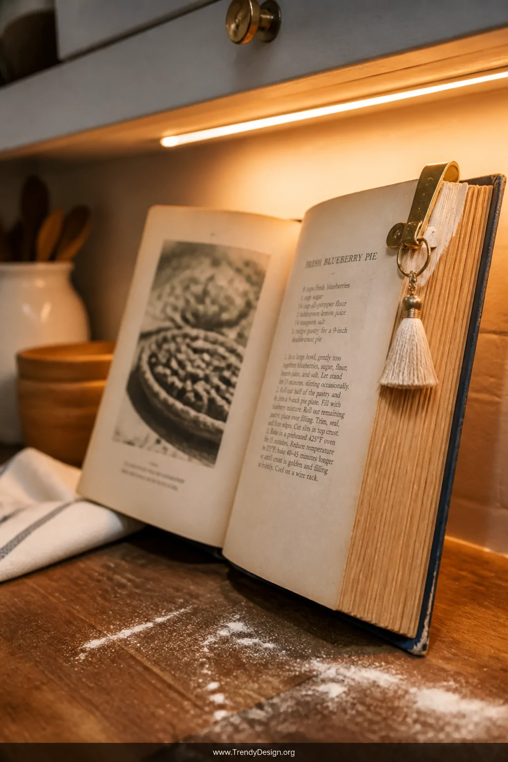 Close-up detail shot of an open hardcover cookbook resting on a worn butcher block kitchen counter, a brass paper clip holdin