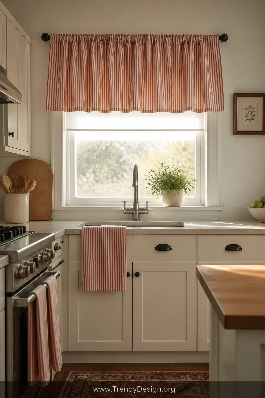 A charming medium kitchen window shot featuring a gathered café-style valance in vintage red and white ticking stripe fabric,