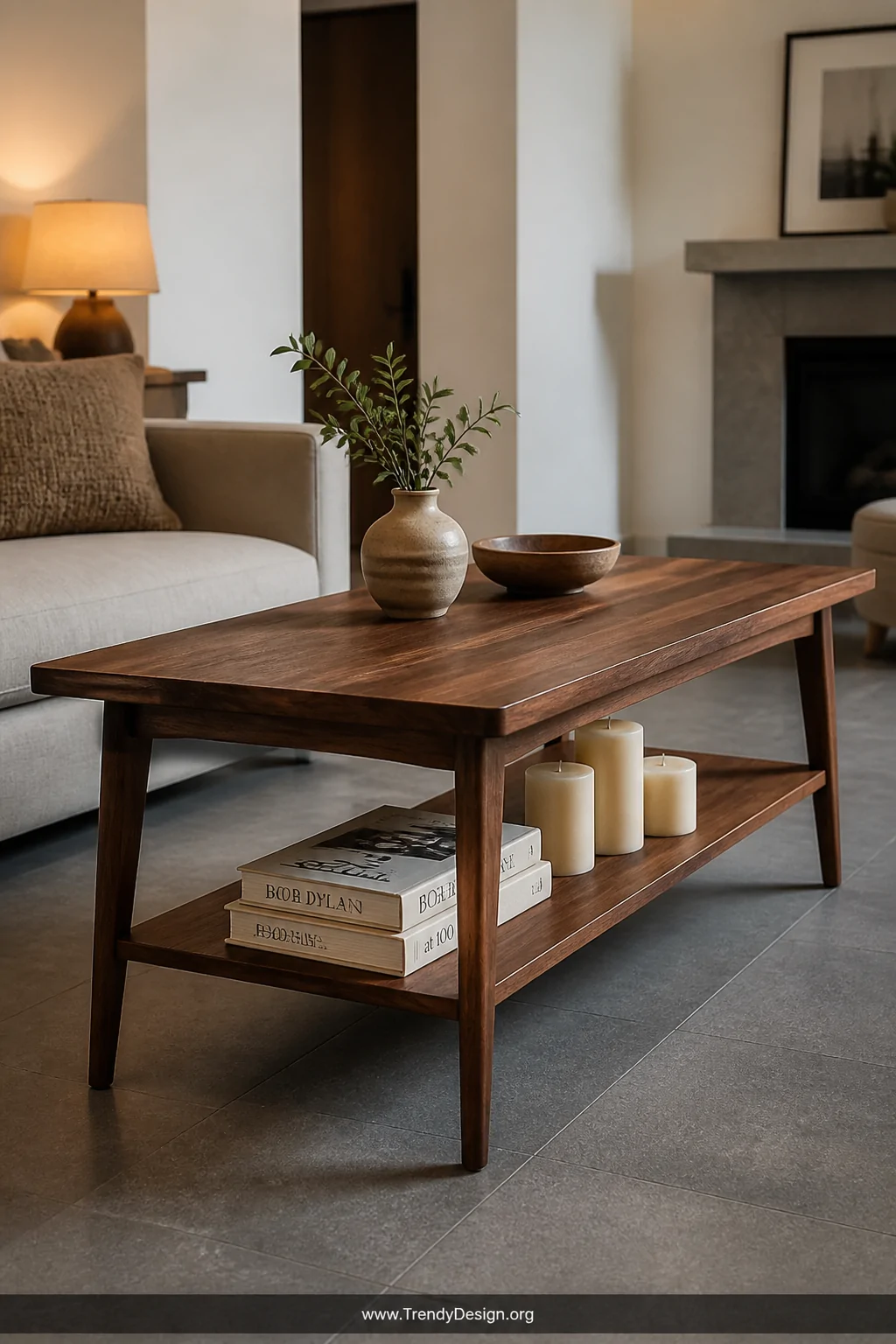 A medium shot of a solid walnut wood coffee table with slender mid-century modern legs and a lower shelf styled with stacked 