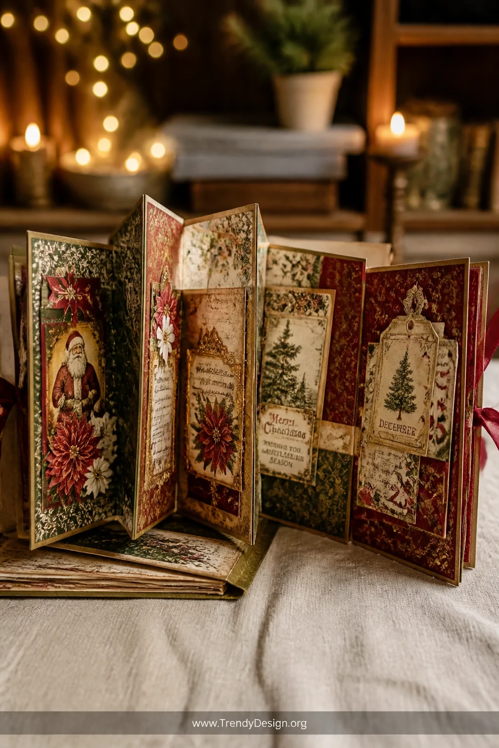 Wide medium shot of an open junk journal lying on a linen-covered surface with a fully unfolded accordion-style fold-out page