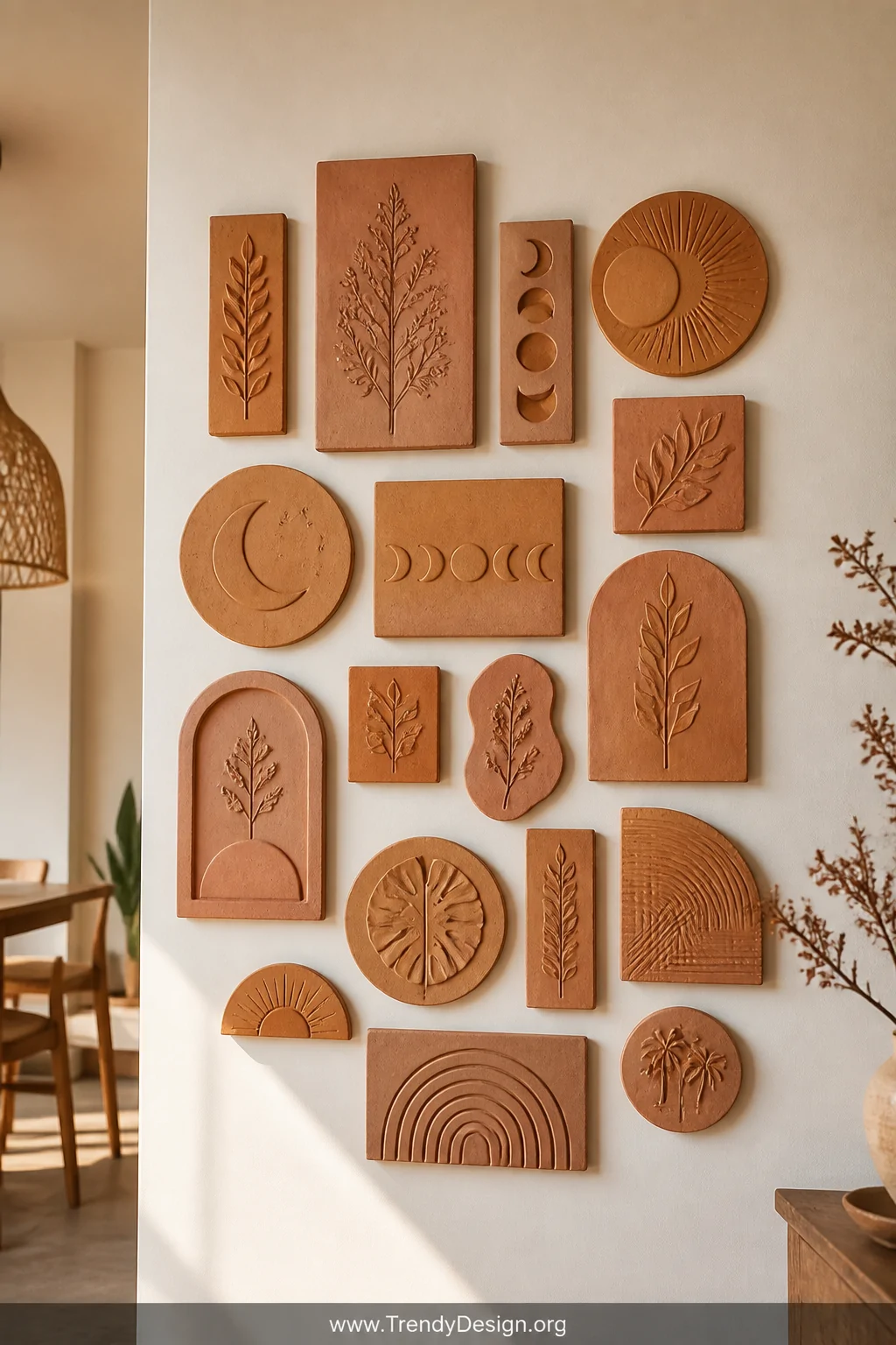 A medium shot of a warm, naturally lit gallery wall arrangement featuring an asymmetric cluster of handcrafted air-dry clay t